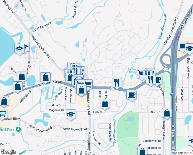 map of restaurants, bars, coffee shops, grocery stores, and more near 112 Crown Oaks Way in Longwood