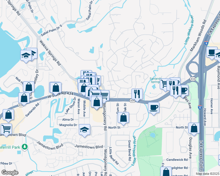 map of restaurants, bars, coffee shops, grocery stores, and more near 112 Crown Oaks Way in Longwood