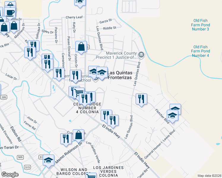 map of restaurants, bars, coffee shops, grocery stores, and more near 3011 Laura Street in Eagle Pass