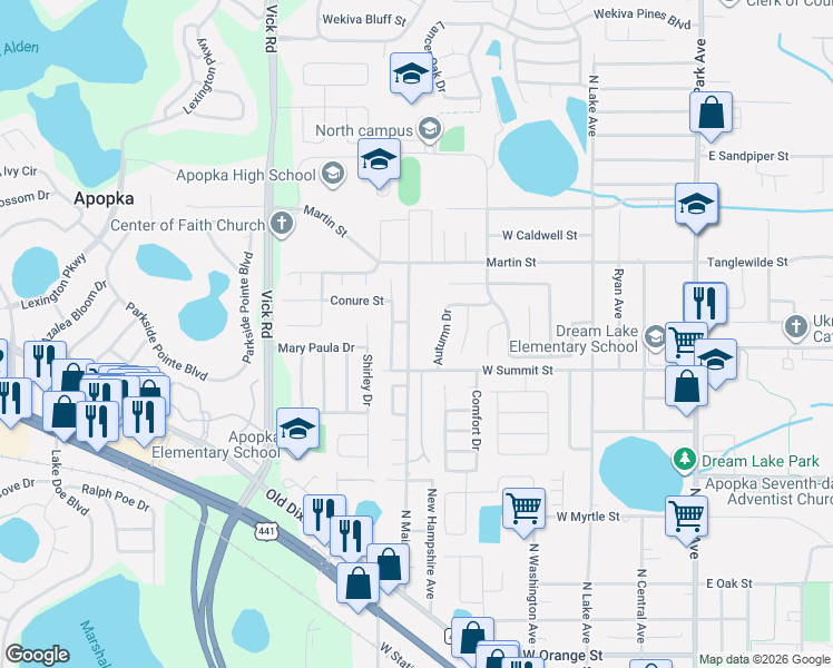 map of restaurants, bars, coffee shops, grocery stores, and more near 553 Maineline Boulevard in Apopka
