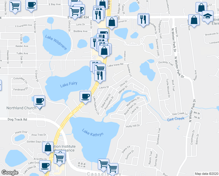 map of restaurants, bars, coffee shops, grocery stores, and more near 749 Spanish Moss Drive in Casselberry
