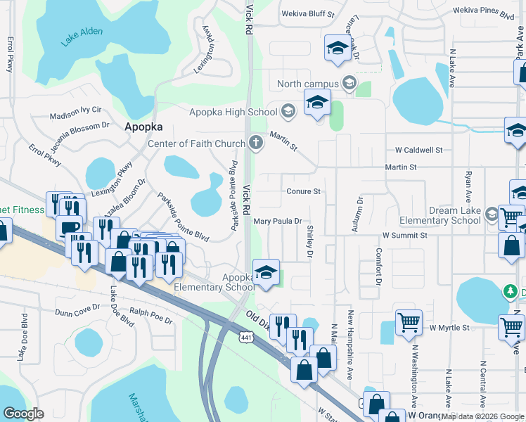 map of restaurants, bars, coffee shops, grocery stores, and more near 606 Swallow Court in Apopka