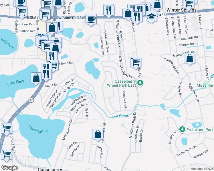 map of restaurants, bars, coffee shops, grocery stores, and more near 470 Nantahala Court in Casselberry