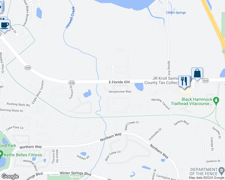 map of restaurants, bars, coffee shops, grocery stores, and more near 332 Streamview Way in Winter Springs