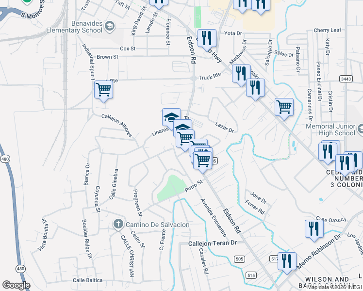 map of restaurants, bars, coffee shops, grocery stores, and more near 1504 Eidson Road in Eagle Pass