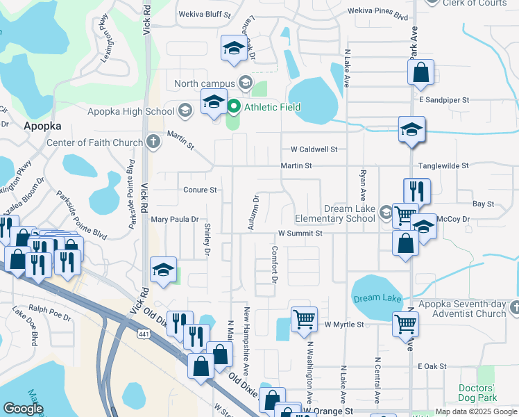map of restaurants, bars, coffee shops, grocery stores, and more near 557 Autumn Dr in Apopka