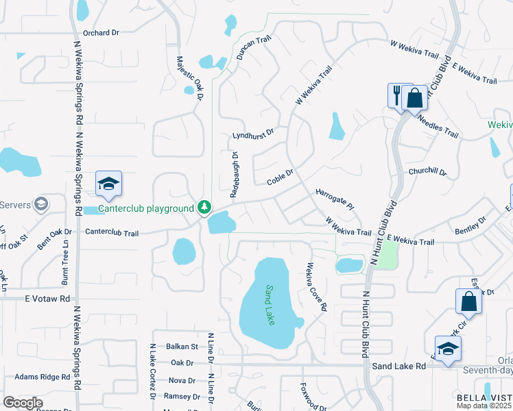 map of restaurants, bars, coffee shops, grocery stores, and more near 231 Queensberry Court in Longwood