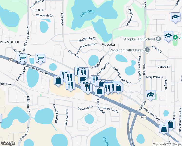 map of restaurants, bars, coffee shops, grocery stores, and more near 1132 Magnolia Blossom Court in Apopka