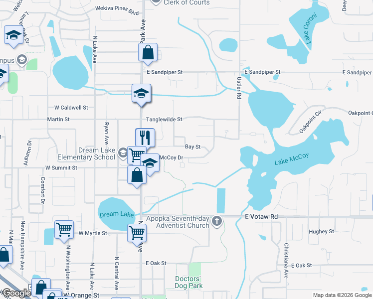 map of restaurants, bars, coffee shops, grocery stores, and more near 292 Bay Street in Apopka