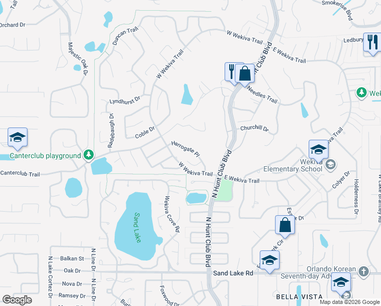 map of restaurants, bars, coffee shops, grocery stores, and more near 132 Harrogate Place in Longwood