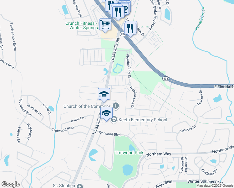 map of restaurants, bars, coffee shops, grocery stores, and more near 550 Tuskawilla Road in Winter Springs