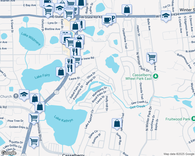 map of restaurants, bars, coffee shops, grocery stores, and more near 999 Mango Drive in Casselberry