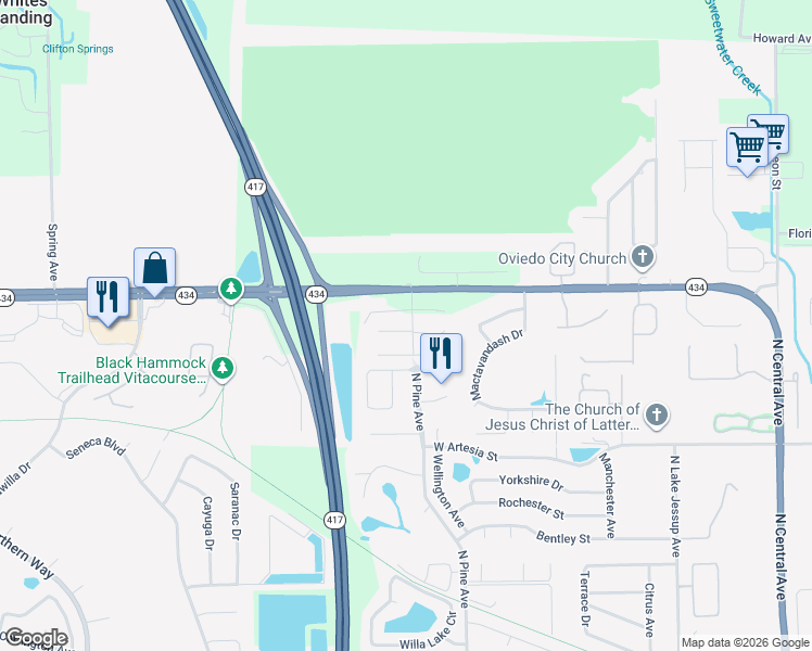 map of restaurants, bars, coffee shops, grocery stores, and more near 1259 Palm Drive in Oviedo
