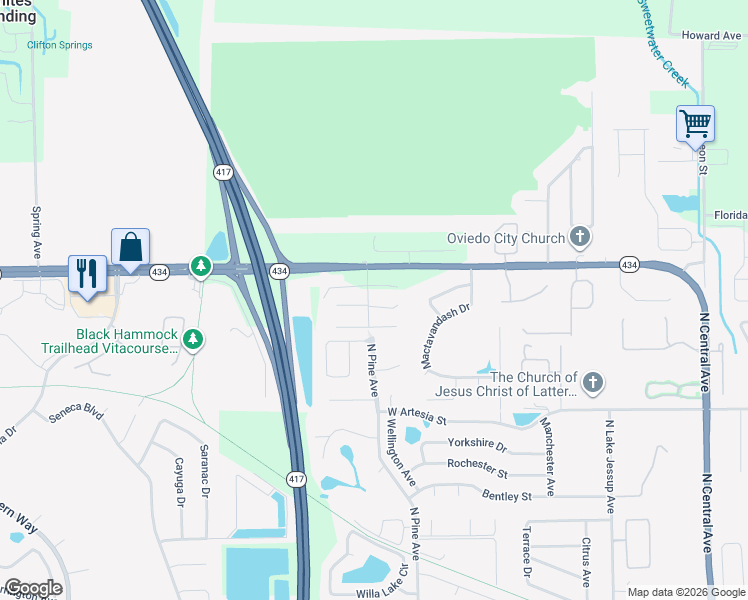 map of restaurants, bars, coffee shops, grocery stores, and more near 1259 Palm Drive in Oviedo