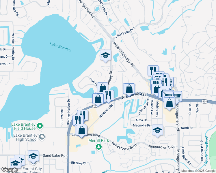 map of restaurants, bars, coffee shops, grocery stores, and more near 170 East Lake Brantley Drive in Wekiva Springs