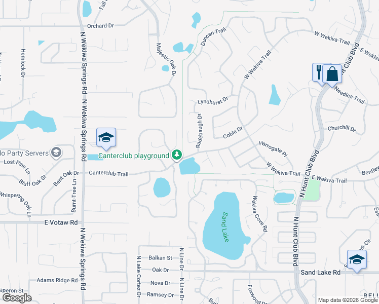 map of restaurants, bars, coffee shops, grocery stores, and more near 239 Canterclub Trail in Longwood