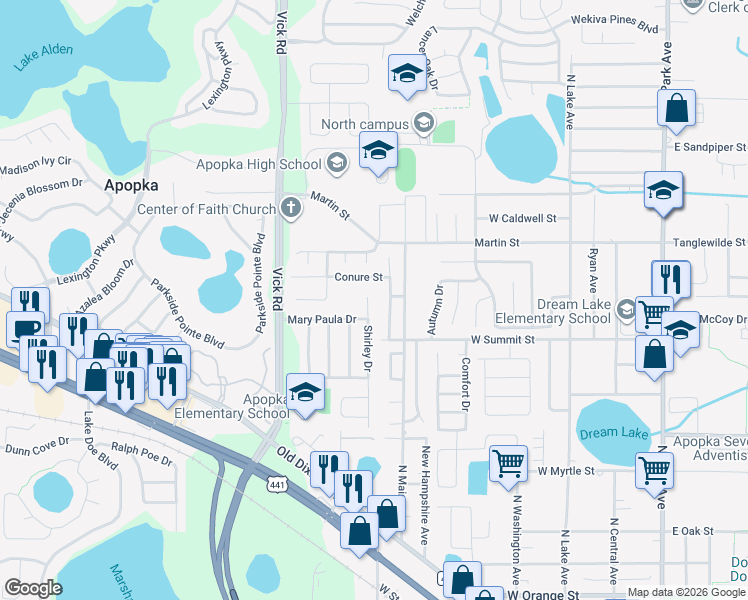 map of restaurants, bars, coffee shops, grocery stores, and more near 547 Shirley Drive in Apopka
