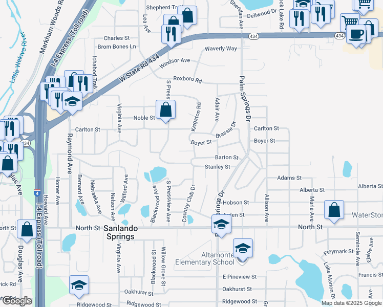 map of restaurants, bars, coffee shops, grocery stores, and more near 1605 Jackson Street in Longwood