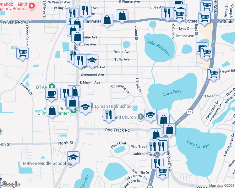 map of restaurants, bars, coffee shops, grocery stores, and more near 321 Isabella Drive in Longwood