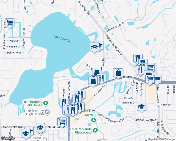 map of restaurants, bars, coffee shops, grocery stores, and more near 242 Nob Hill Circle in Longwood