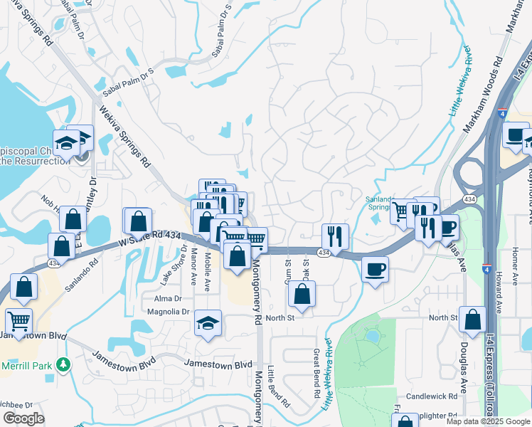 map of restaurants, bars, coffee shops, grocery stores, and more near 101 Crown Oaks Way in Longwood