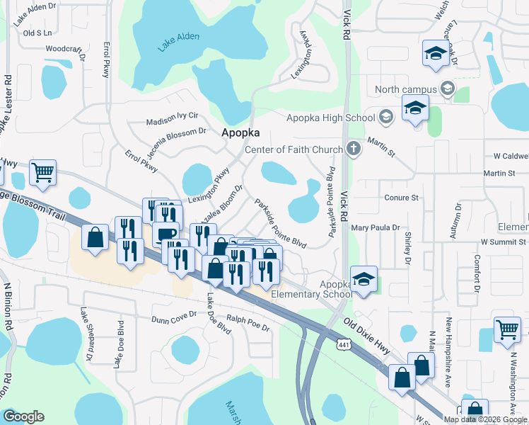 map of restaurants, bars, coffee shops, grocery stores, and more near 565 Hiawatha Palm Place in Apopka