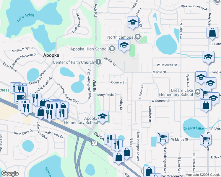 map of restaurants, bars, coffee shops, grocery stores, and more near 555 Swallow Court in Apopka