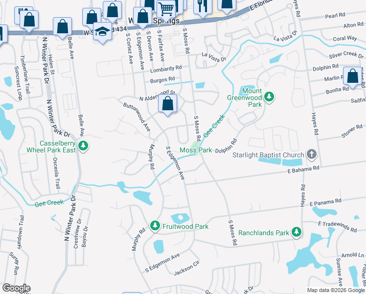 map of restaurants, bars, coffee shops, grocery stores, and more near 423 Boxwood Circle in Winter Springs