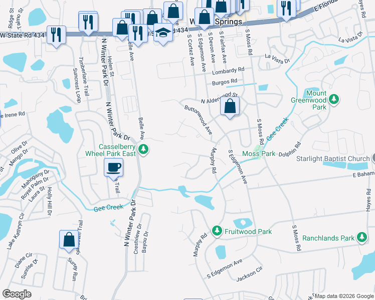 map of restaurants, bars, coffee shops, grocery stores, and more near 421 North Hawthorn Circle in Winter Springs