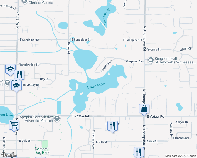 map of restaurants, bars, coffee shops, grocery stores, and more near 1032 Oakpoint Circle in Apopka