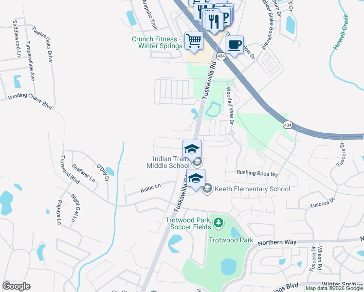 map of restaurants, bars, coffee shops, grocery stores, and more near 1198 Gulfstar Drive in Winter Springs