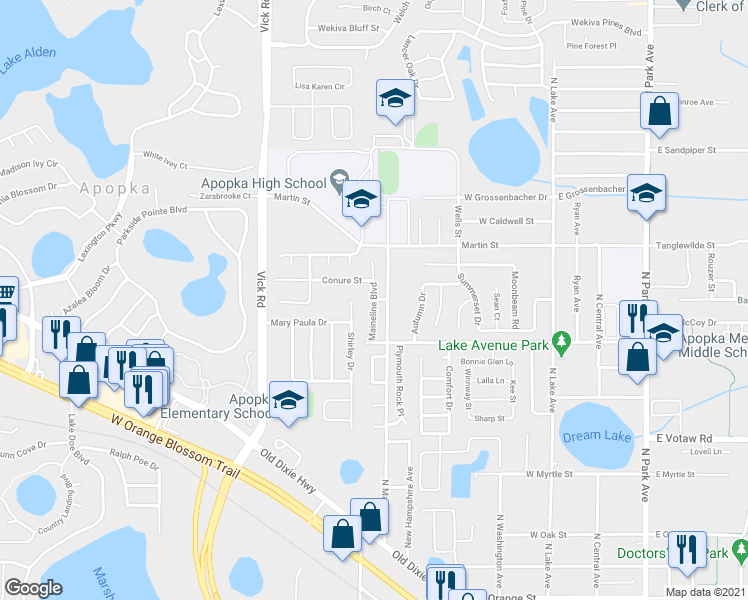 map of restaurants, bars, coffee shops, grocery stores, and more near 559 Maineline Boulevard in Apopka