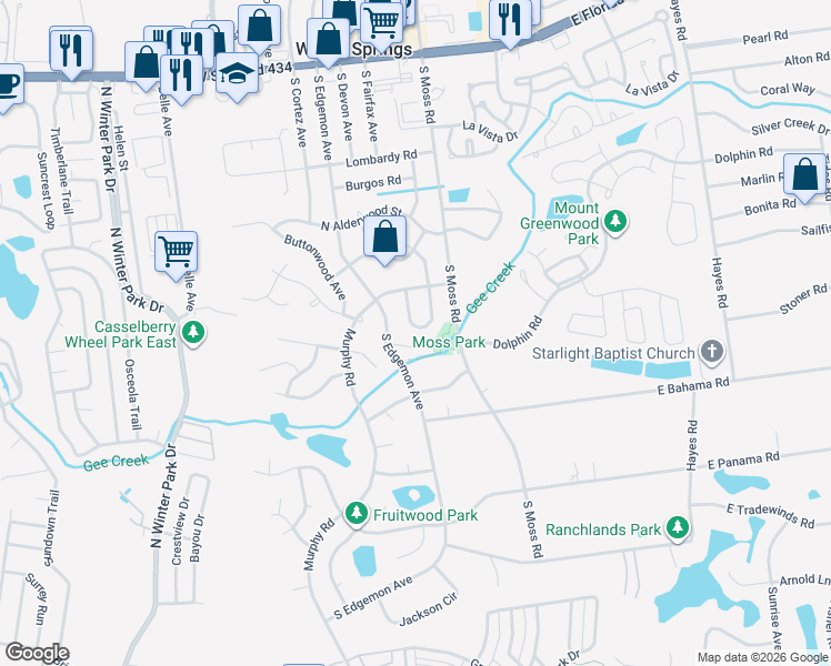 map of restaurants, bars, coffee shops, grocery stores, and more near 423 Boxwood Circle in Winter Springs