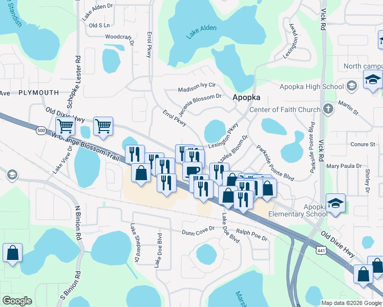 map of restaurants, bars, coffee shops, grocery stores, and more near 1501 Lawson Palm Court in Apopka