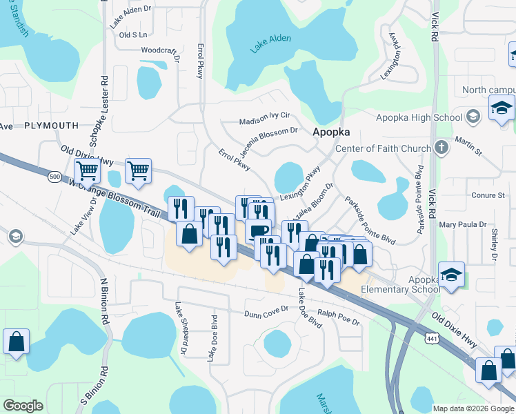 map of restaurants, bars, coffee shops, grocery stores, and more near 1501 Lawson Palm Court in Apopka