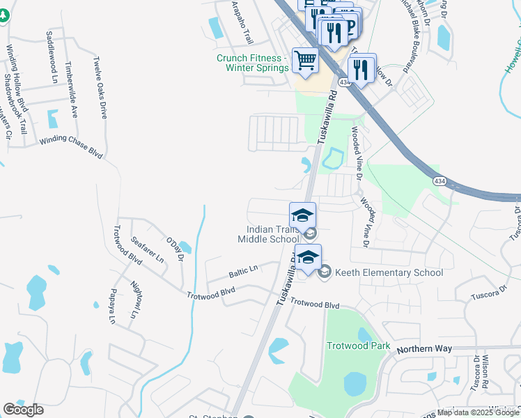 map of restaurants, bars, coffee shops, grocery stores, and more near 1184 Gulfstar Drive in Winter Springs