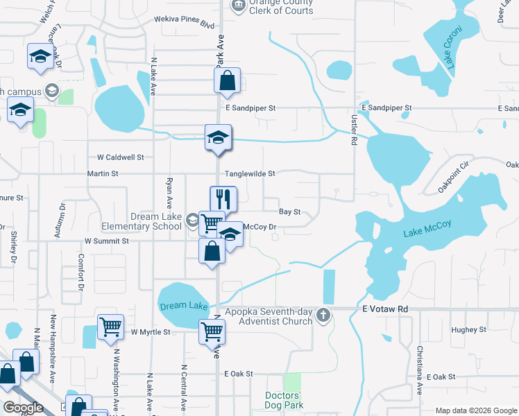 map of restaurants, bars, coffee shops, grocery stores, and more near 538 Rouzer Street in Apopka