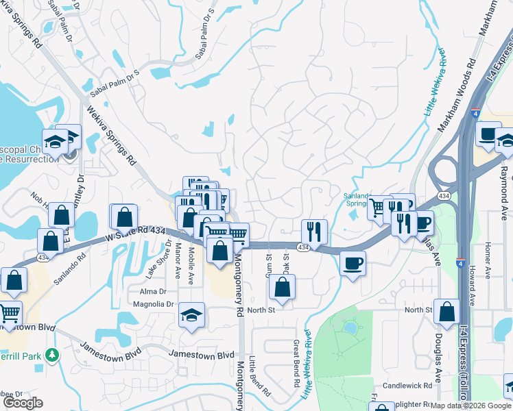 map of restaurants, bars, coffee shops, grocery stores, and more near 217 Crown Oaks Way in Longwood
