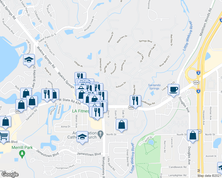 map of restaurants, bars, coffee shops, grocery stores, and more near 217 Crown Oaks Way in Longwood