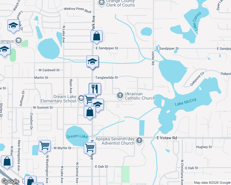 map of restaurants, bars, coffee shops, grocery stores, and more near 292 Bay Street in Apopka