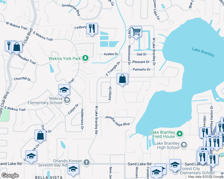 map of restaurants, bars, coffee shops, grocery stores, and more near 1651 Kenlyn Drive in Longwood