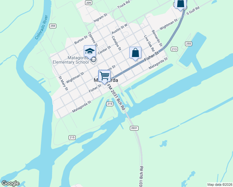 map of restaurants, bars, coffee shops, grocery stores, and more near 601 Matagorda Street in Matagorda