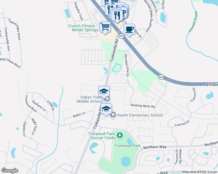 map of restaurants, bars, coffee shops, grocery stores, and more near 395 Tuskawilla Road in Winter Springs