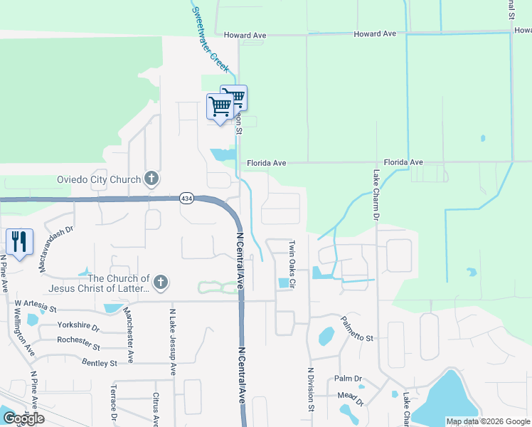 map of restaurants, bars, coffee shops, grocery stores, and more near 1380 Stellar Drive in Oviedo