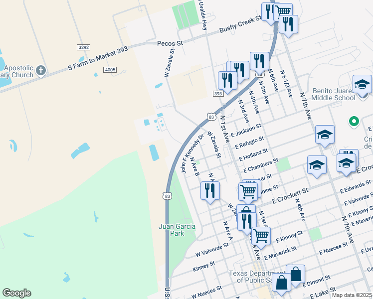 map of restaurants, bars, coffee shops, grocery stores, and more near 224 West Refugio Street in Crystal City