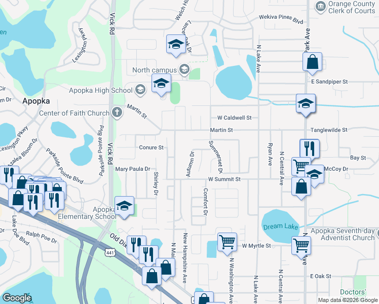 map of restaurants, bars, coffee shops, grocery stores, and more near 557 Autumn Drive in Apopka