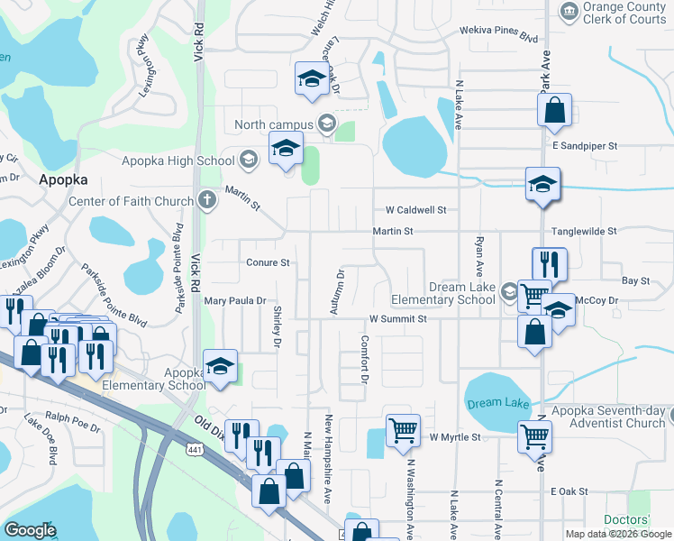 map of restaurants, bars, coffee shops, grocery stores, and more near 557 Autumn Drive in Apopka