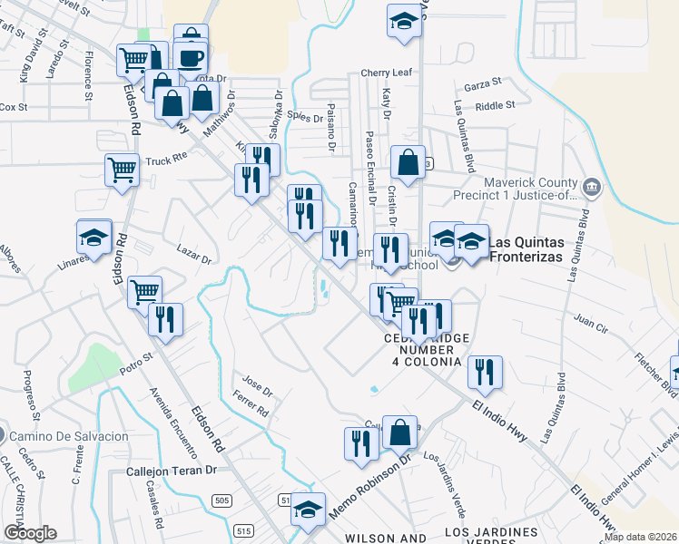 map of restaurants, bars, coffee shops, grocery stores, and more near 2677 El Indio Hwy in Eagle Pass