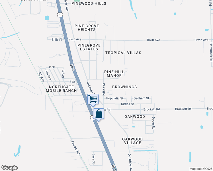 map of restaurants, bars, coffee shops, grocery stores, and more near 3248 Kilbee Street in Mims