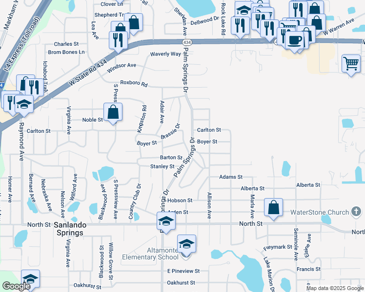 map of restaurants, bars, coffee shops, grocery stores, and more near 1615 Orlando Avenue in Longwood